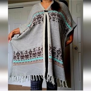 Cozy Knit Gray and Brown Patterned Poncho